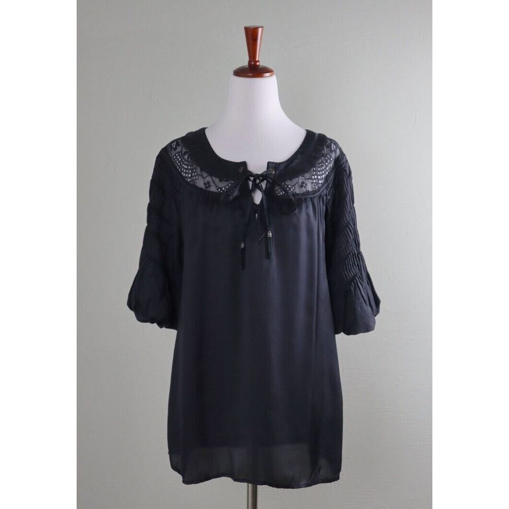 SUNDANCE Catalog $128 Pleated Sheer Lace Yoke Bubble Sleeve Top Size Small